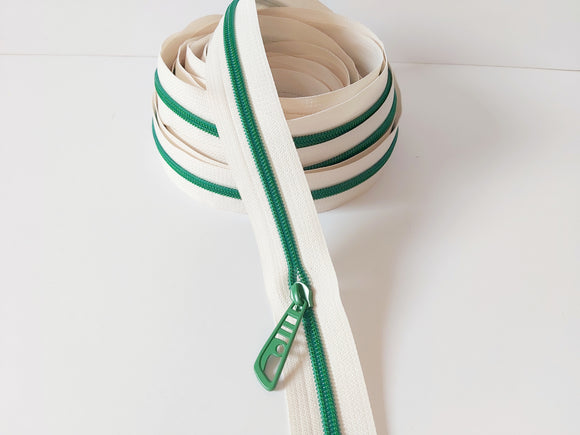 Clearance - Off White Zip with Emerald green Coil